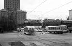 Moskau Tram__MTW-82A Nr. 1231 auf Linie 37 in der Bahn-Unterführung beim Hotel 'Leningradskaja' nebst Linienbus, Diesel- und E-Lok ...__10_1977