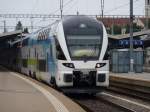 Der Stadler KISS der sterreichischen WESTbahn befindet sich auf Testfahrt im Bahnhof Romanshorn.