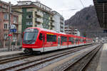 Eine Doppeltraktion ABeh 8/12 der MGB im Bahnhof Brig am 10.2.2024