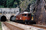 BLS:
Ein Personenzug der Bern-Lötschberg-Simplon-Bahn (BLS) ab Brig mit der Ae 6/8 203 bei Iselle auf der Fahrt nach Domodossola im Jahre 1979.
Foto: Walter Ruetsch 