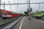 Drei Generationen von BLS S-Bahn Fahrzeugen im Bahnhof Konolfingen: links; ex.