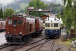 100 Jahre BLS:  Oldie-Treffen  im alten Bahnhof Frutigen mit Ce 4/4 312 (1920), Ce 4/6 307 (1920) sowie BCFe 4/6 736 (1938).