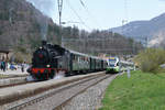 DAMPFER VAL-DE-TRAVERS/VVT.
Mit einem für die Öffentlichkeit zugänglichen Testzug wurde am 24. April 2021 die diesjährige Saison eröffnet. Im Einsatz standen die E 3/3 Krauss Maffei 16388, der B4ü 3924, der F4 18827 sowie der B4ü 3933. Befahren wurde der Streckenabschnitt St.-Sulpice NE - Noiraigue retour.
Foto: Walter Ruetsch