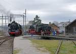 Grosse Frühlingsfahrt mit der Grossdampflok 503673 vom 11. März 2015. Die Nostalgielok Be 4/4 Nr. 14 ex BT brachte den Sonderzug bis nach Olten Hammer, wo er durch die 50673 übernommen wurde. Die Be 4/4 14 wurde am Schluss des Zuges angehängt, um Umfahrungen zu vermeiden. Beim Wasserfassen in Lyss kam es zu einer Begenung mit der 01 202. 
Foto: Walter Ruetsch