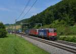 Re 420 344 und eine Re 6/6 mit einem KLV am 30.08.2013 bei Tecknau.