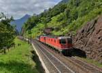 Eine Re 10/10 mit einem Güterwagen am 02.09.2014 bei Gurtnellen.