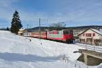 Zurzeit verkehrt im Valle de Joux wieder der alte Schlerzug, wobei der Triebwagen ABDe durch die Travys Re 420 ersetzt wurde.