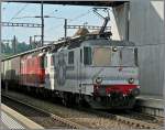 Zwei Re 436 durchfahren mit einem Containerzug den Bahnhof von Spiez am 29.07.08.