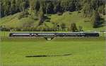 Zürcher S-Bahn im Glarner Land, das sich nach kurzer Regenzeit mit giftgrünen Wiesen präsentiert. Diesbach, September 2018.