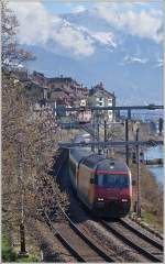 Frühlingsgruss aus dem Lavaux: Re 460 004-5 mit einem IR auf der Fahrt bei ST-Saphorin in Richtung Lausanne.
