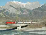 IR Doppelstockzug Chur-Basel am 09.02.07 auf der Rheinbrcke bei Bad Ragaz