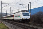 Re 460 071-4 mit der Helvetia Werbung, fährt Richtung Bahnhof Itingen. Die Aufnahme stammt vom 02.01.2019.