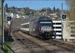 Die wohl bisher beeindruckendste Werbelok hat mich verfolgt, immer die Augen gegen das Auge des Fotografen gerichtet. 460 105-0 im Bahntal zwischen Neuhausen am Rheinfall und Schaffhausen. Mrz 2014.