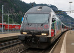 SBB:  GOTTARDO 2016 
Über das Wochenende vom 4. bis 5. Juni 2016 wurden die zu den Feierlichkeiten passenden Re 460  GOTTARDO-Werbelokomotiven  auf der Bergstrecke vorwiegend für Extrazüge eingesetzt.
Die Re 460 099-5 bei einem Zwischenhalt in Erstfeld am 4. Juni 2016.
Foto: Walter Ruetsch  