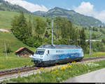 Loktaufe Re 465 016 auf den Namen  Stockhorn  zum 50-jährigen Jubiläum der Stockhornbahn am 5. Mai 2018.<br>
Die Lok bei der Einfahrt in Erlenbach im Simmental, wo die Taufe stattfindet.