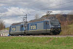 Doppeltraktion, mit den BLS Loks 465 012-3 und 465 014-9 fährt Richtung Bahnhof Sissach. Die Aufnahme stammt vom 18.03.2019.