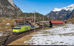 BLS Re 465 002 & 001 / Kandersteg, 27, Januar 2024  BLS Autoverlad Kandersteg - Goppenstein  Der erste der revidierten Autozüge ist im Einsatz.