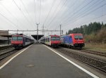 Rote Kpfe: Zwei NPZ stehen am 09.04.10 in Othmarsingen, whrend dem die Re 482 047-8 den Bahnhof durchfhrt.