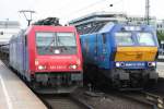 Die MaK DE 2700-03 der NOB und 482 048-6 der SBB Cargo stehen  in Hamburg Altona am 29.06.2010