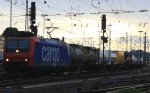 482 002-3 von der SBB Cargo fhrt mit einem Containerzug aus Antwerpen-Oorderen(B) nach Gallarate(I) bei der Ausfahrt von Aachen-West und fhrt in Richtung Aachen-Hbf,Kln in der Abendsonne und Wolken
