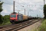 Am 12.07.2014 fuhr SBB Cargo Re 482 011-4 mit dem BASF-Zug vom Gütergleis über den Abzweig Leutersberg gen Süden.