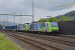Doppeltraktion, mit den BLS Loks 485 019-4 und 485 008-7 durchfährt den Bahnhof Gelterkinden. Die Aufnahme stammt vom 17.08.2021.