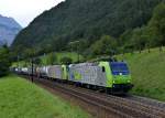 Re 485 012 + Re 485 010 mit einem KLV am 29.08.2012 unterwegs zwischen Erstfeld und Amsteg-Silenen.