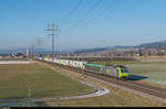 Re 485 009 fährt am 3. Januar 2017 mit einem RoLa-Zug bei Kiesen südwärts.