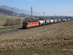 Re 620 006-7  TURGI  mit dem Güterzug RBL - Reuchenette-Péry bei Pieterlen am 26. Februar 2019.
Foto: Walter Ruetsch  