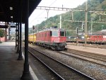 Postlieferung: Die Re 6/6 11653  Gmligen  durchfhrt am 08.10.09 den Bahnhof Biasca mit 3 Post- und einem Khlwagen. Der einte Scheinwerfer war an der Front kaputt.