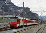 ZB/SBB: Dispopendelzug bestehend aus der HGe 4/4 101 963-7 und dem ABt 928 in Meiringen am 9. März 2018.
Foto: Walter Ruetsch