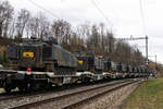 Militärtransport per Bahn.
Impressionen von Busswil.
Re 420244-6 mit dem Panzerzug 69031 Biel Rangierbahnhof - Thun bei Busswil am 4. März 2019. Transportiert wurden 2 Pz87 Leo WE sowie 8 Spz 2000.
Bildausschnitt Fotoshop.
Foto: Walter Ruetsch