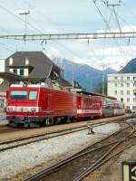 MGB BVZ 1.Klasse GLACIER-EXPRESS K 907 von St.Moritz nach Zermatt am 21.05.1997 in Visp mit Zahnrad-E-Lok HGe 4/4II 3 - FO B - AS 2011 - FO AS 4027 - FO AS 4022.