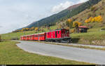 Pressefahrt des neugegründeten Vereins MGBahn-Historic (<a href= http://www.mgbahn-historic.ch/ >http://www.mgbahn-historic.ch/</a>) am 29. September 2017. Die FO HGe 4/4 I 36 zog die Mitteleinstiegswagen der DFB von Brig nach Oberwald. Aufgenommen zwischen Reckingen und Münster.