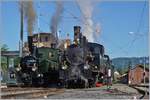 50 Jahre Blonay - Chamby; Mega Steam Festival: Die LEB G 3/3 N° 5 (1890) und die BDB Ballenberg Dampfbahn G 3/4 208 (1913) sowie im Hintergrund weitere Dampfloks warten Blonay auf die Abfahrt zum