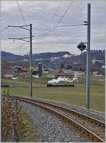 Der Dampfzug kommt! Die Blonay-Chamby SEG G 2x 2/2 105 mit einem Extrazug von Palézieux nach Montbovon kurz vor Bossonnens.