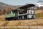 BC: Strassenbahn mit G 2/4 7 (1882), ehemals Tramways Mulhouse und dem Anhänger 121, ehemals TN aufgenommen in der Nähe der BC Haltestelle CORNAUX im Mai 1984.