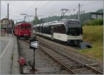 Kontrastprogramm in Blonay: Während der RhB ABe 4/4 N° 35 einen Brünigbahnwagen rangiert, wartet der MVR SUR GTW ABeh 2/6 7503 auf seinen nächsten Einsatz. 
29. Mai 206