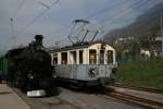 Historischer Triebwagen 11 und Dampflok BFD 3 der Museumsbahn Blonay -Chamby. Aufgenommen am 08.04.2007 kurz vor der Ausfahrt des Dampfzuges nach Chamby in Blonay. Wenn ich mich richtig erinnere stammt die Dampflok von der ehemaligen Fo, als die Bergstrecke noch mit Dampf betrieben wurde.