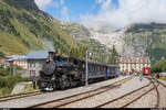 Dampfbahn-Fest bei der DFB in Gletsch am 22./23. August 2020.<br>
DFB HG 3/4 9 am 22. August mit dem blauen Zug im Bahnhof Gletsch.