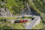 Dampfbahn-Fest bei der DFB in Gletsch am 22./23. August 2020.<br>
DFB HG 4/4 704 hat am 22. August gerade den Kehrtunnel unterhalb Gletsch verlassen.