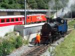 Begegnung zwischen MG (ex FO) HGe 4/4 106 in Jubileumausfhrung  75 Jahre Glacier Express  und DFB Dampflok 9 ins DFB Depot in Realp.