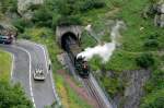 Nun ist es soweit. Nach 28 Jahren ist es mglich die alte Bergstrecke von Realp nach Oberwald durchzufahren. DFB Nr.4 verlsste den Gletsch-Spiraltunnel und zieht ihren Zug von Realp nach Oberwald; 14.08.2010