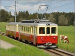 Chemins de fer de Jura (CJ). Triebwagen CFe 4/4 601 in Le Bois. Mai 2016.