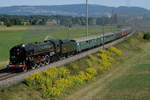 Dampftage 2018 von Lyss
Dampf-Zubringerzug mit der 141.R.1244 vom Verein Mikado 1244 auf voller Fahrt bei Bollodingen am 11. August 2018.
Foto: Walter Ruetsch
