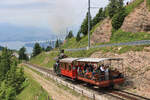 Die Rigi-Bahn Stehboiler-Lok 7 von 1873 stösst ihre beiden Wagen Vitznau Rigi Bahn Nr.5 und Arth Rigi Bahn Nr.11 nach Rigi Kulm hinauf. 24.Juli 2021 