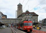 Am 16.03.2018 verlässt BDeh 4/4 15 mit einem Zug nach Appenzell den Bahnhof St. Gallen. Früher fuhren die Züge auf der rechts sichtbaren Fläche ab, die Gleise sind bereits entfernt.