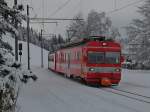 Triebwagen BDe 4/4 Nr. 44, unterwegs als S23 1133 von Gossau nach Wasserauen, fhrt am 18.01.2015 in den Bahnhof von Jakobsbad ein.