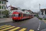 Am Vormittag des 29.07.2014 fährt ein Zug, geschoben von BDeh 4/4 Nr. 11 der Appenzeller Bahnen auf dem Weg von Appenzell nach St. Gallen durch die Hauptstraße von Teuffen.