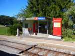 Haltestelle  Schwarzen Bären . Im Hintergrund erkennt man der Be 4/8 auf der Fahrt von St. Gallen nach Trogen, Kanton Appenzell Ausserrhoden - 18.07.2014